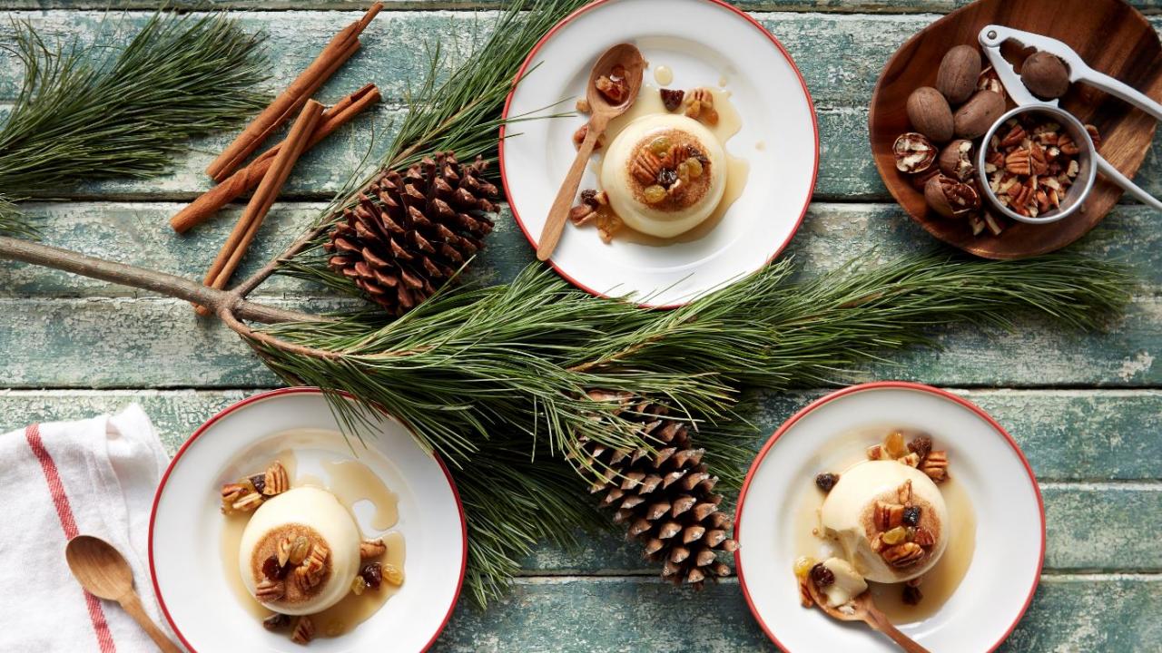 Eggnog Panna Cotta with Rum Soaked Raisins and Pecans